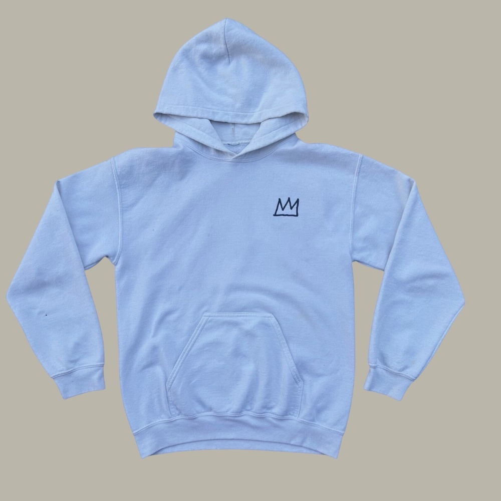 Jean-Michel‎ Basquiat Fishing Graphic White Pullover Hoodie Crown Logo Mens L